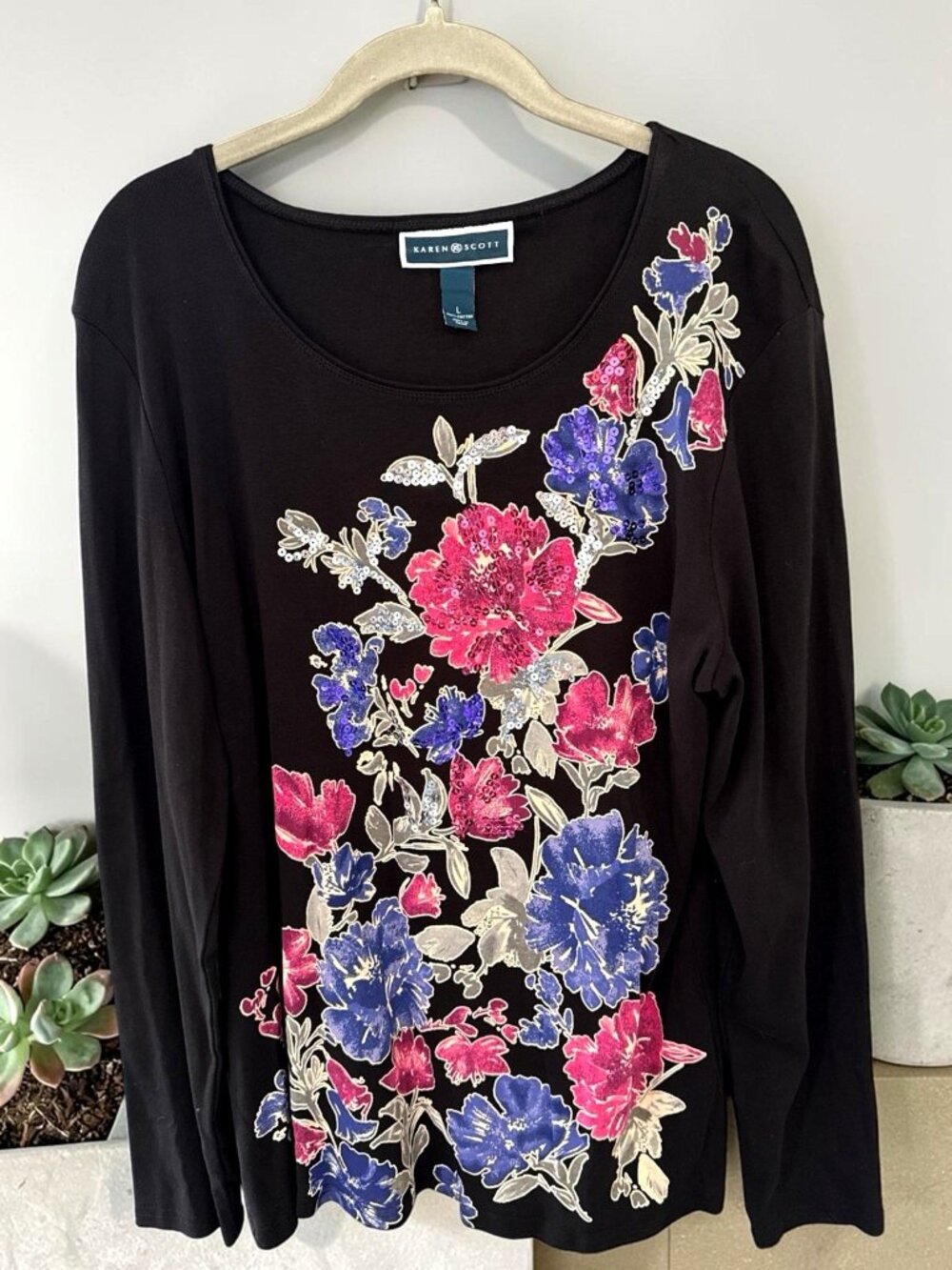 Karen Scott Black/Multicolor Sequin Floral Design Top-Size Large-NWT